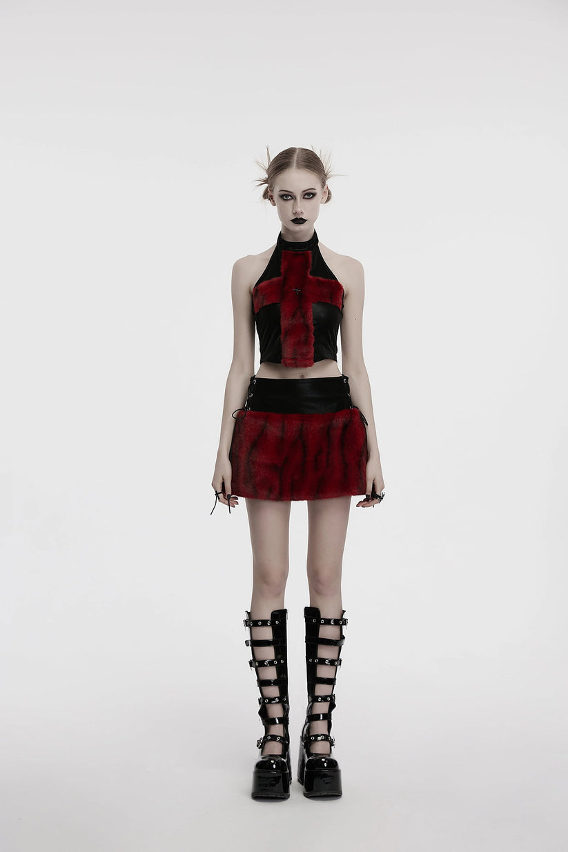 Punk Rave Women's Vest Top Valora Cross Fur Halter in Crimson UK 8-16 - QHA UK