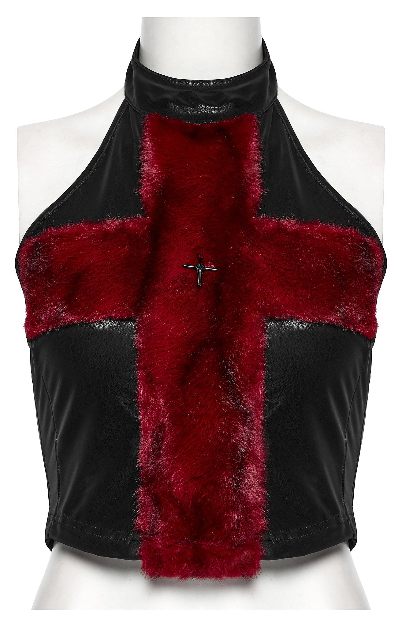 Punk Rave Women's Vest Top Valora Cross Fur Halter in Crimson UK 8-16 - QHA UK