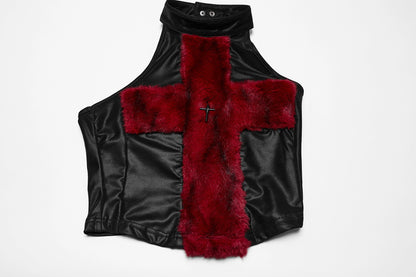 Punk Rave Women's Vest Top Valora Cross Fur Halter in Crimson UK 8-16 - QHA UK