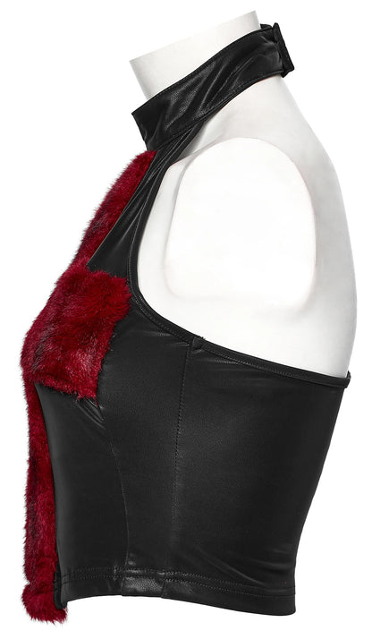 Punk Rave Women's Vest Top Valora Cross Fur Halter in Crimson UK 8-16 - QHA UK