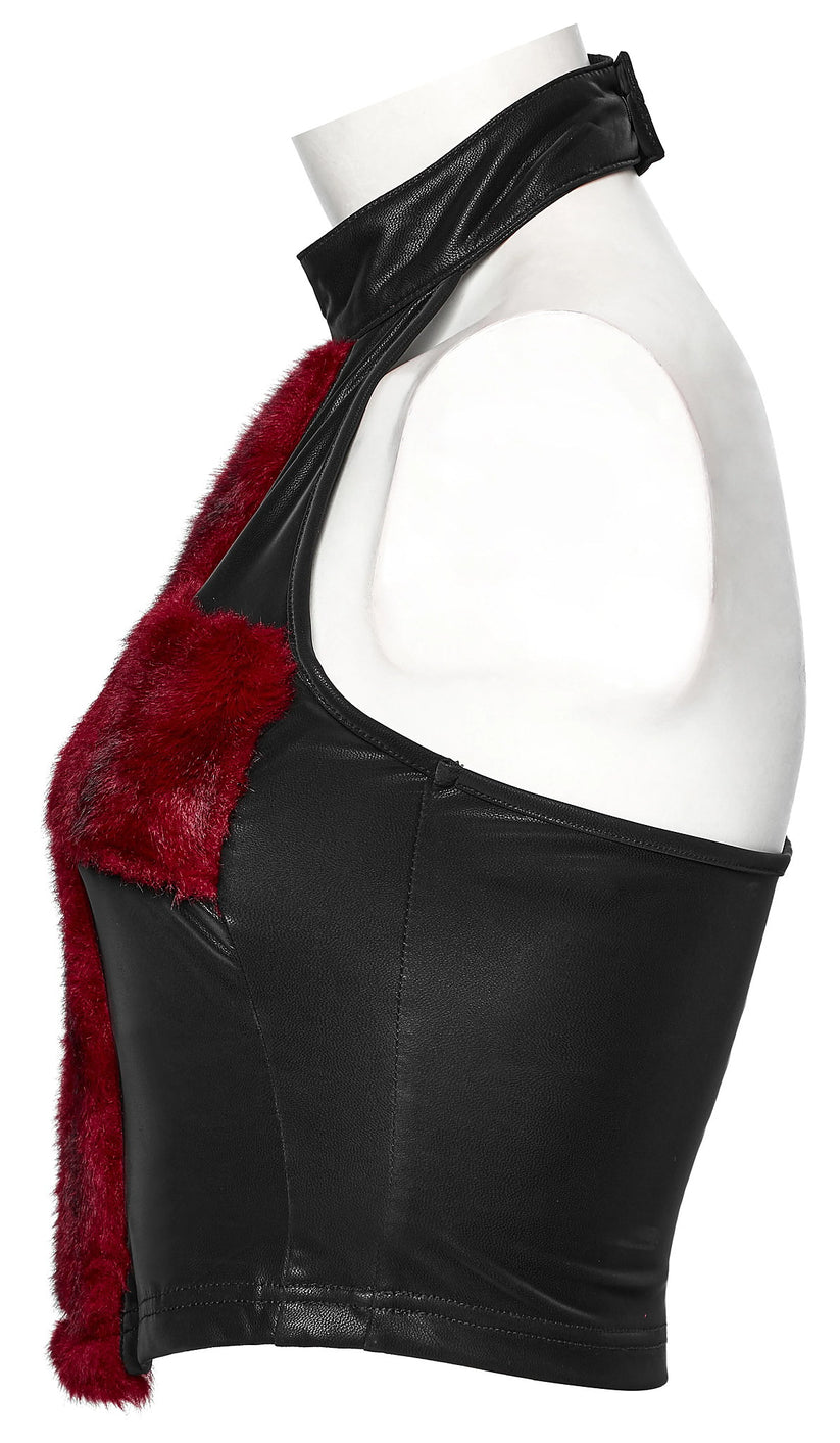 Punk Rave Women's Vest Top Valora Cross Fur Halter in Crimson UK 8-16 - QHA UK
