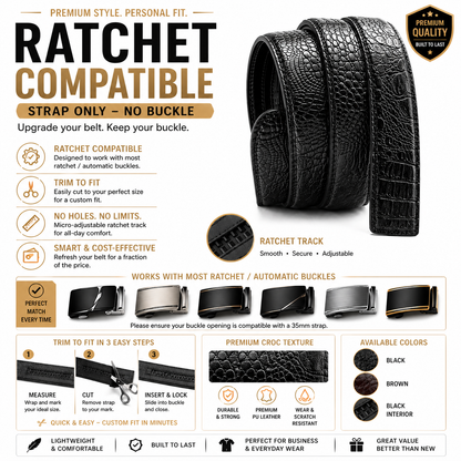 Mens Ratchet Belt Strap 35mm Black Croc Leather Auto Q05 - QHA UK