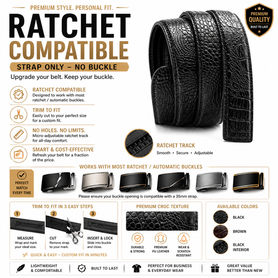 Mens Ratchet Belt Strap 35mm Black Croc Leather Auto Q05 - QHA UK