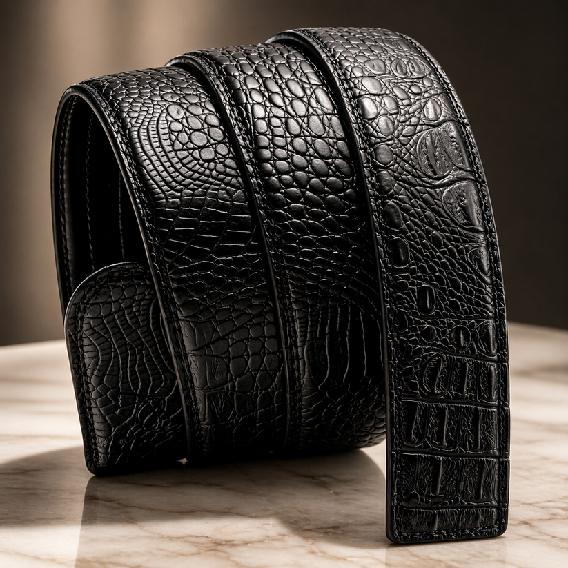 Mens Ratchet Belt Strap 35mm Black Croc Leather Auto Q05 - QHA UK