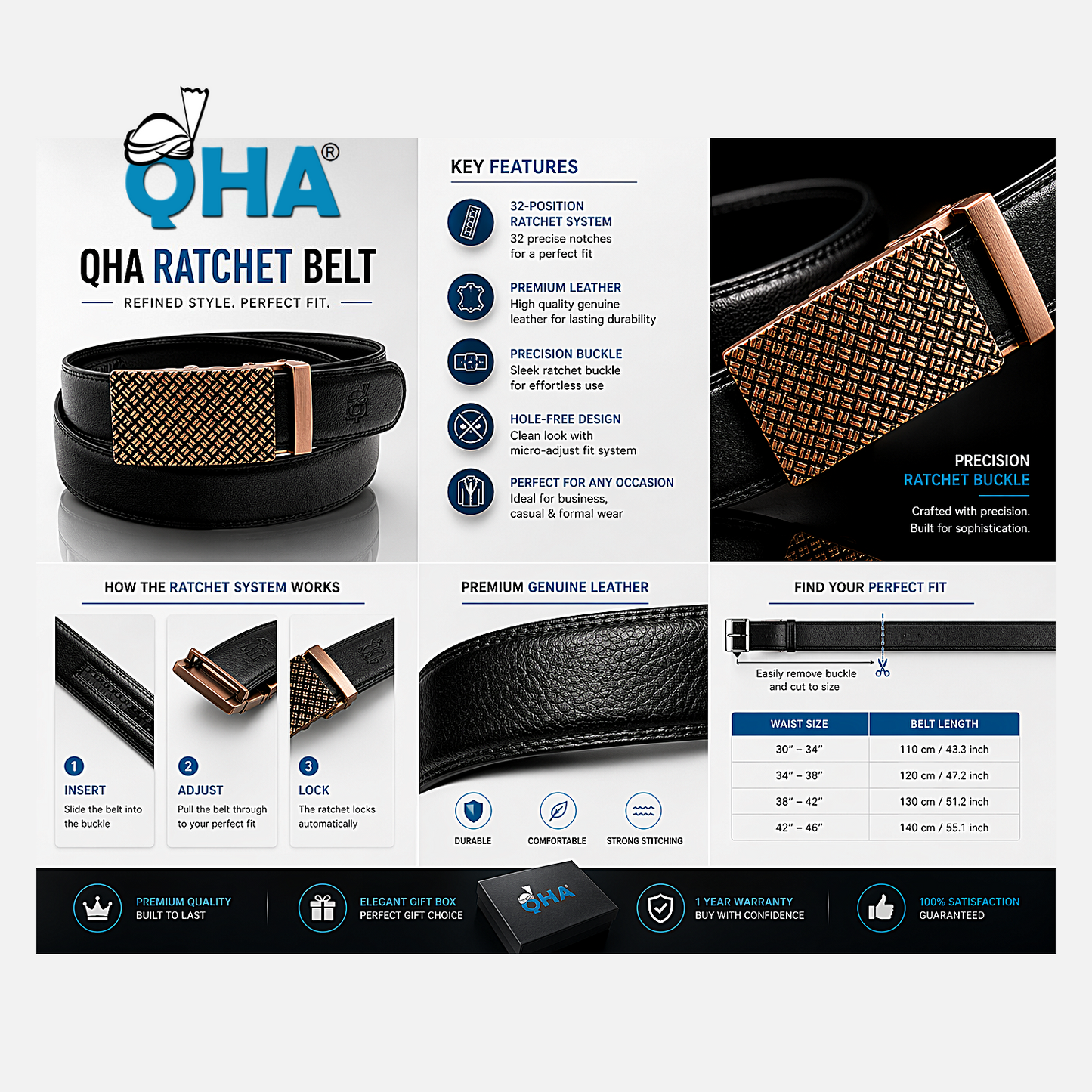 Mens Leather Ratchet Belt Automatic Buckle Adjustable Dress Belt - QHA UK
