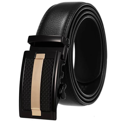 QHA Men's 35mm Leather Ratchet Belt, Black & Gold Automatic - QHA UK