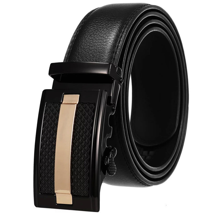 QHA Men's 35mm Leather Ratchet Belt, Black & Gold Automatic - QHA UK