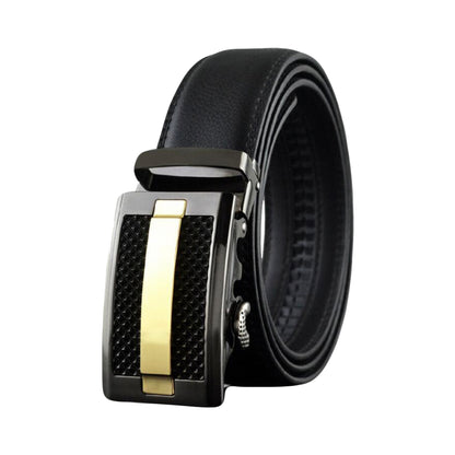 QHA Men's 35mm Leather Ratchet Belt, Black & Gold Automatic - QHA UK
