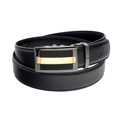 QHA Men's 35mm Leather Ratchet Belt, Black & Gold Automatic - QHA UK