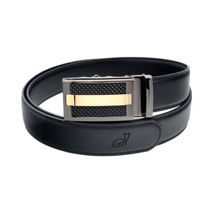 QHA Men's 35mm Leather Ratchet Belt, Black & Gold Automatic - QHA UK