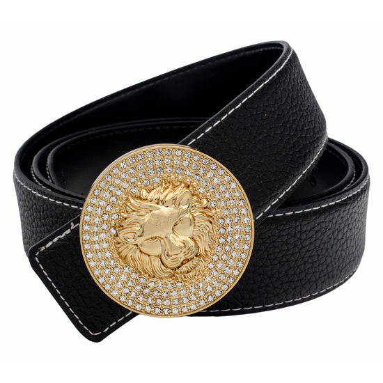 QHA Mens Leather Belt Lion Head Rhinestone Buckle Designer Black - QHA UK