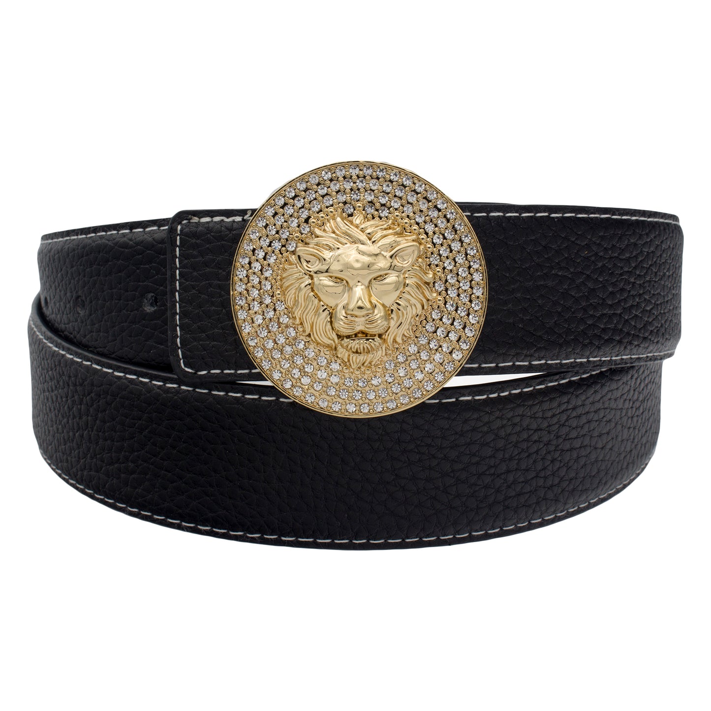 QHA Mens Leather Belt Lion Head Rhinestone Buckle Designer Black - QHA UK