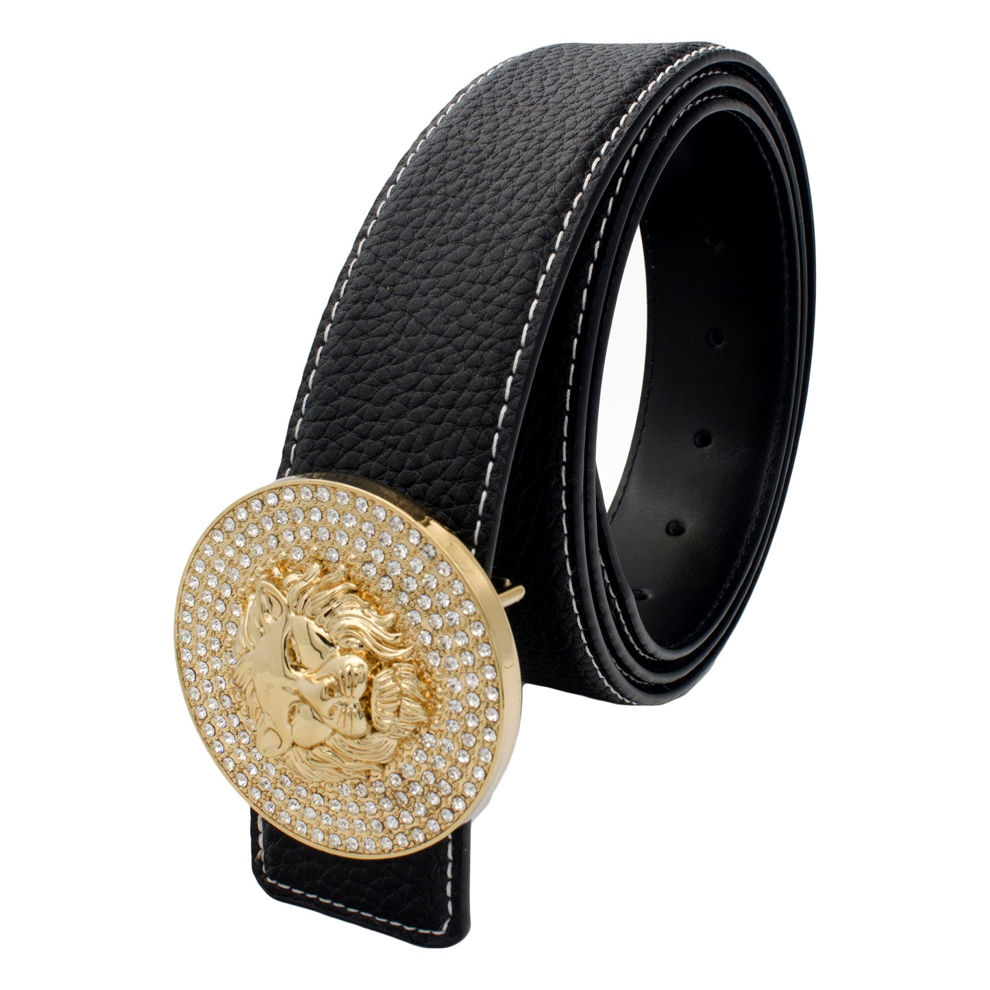QHA Mens Leather Belt Lion Head Rhinestone Buckle Designer Black - QHA UK