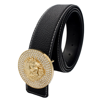 QHA Mens Leather Belt Lion Head Rhinestone Buckle Designer Black - QHA UK