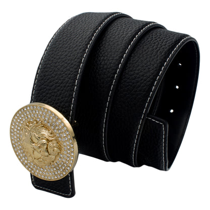 QHA Mens Leather Belt Lion Head Rhinestone Buckle Designer Black - QHA UK