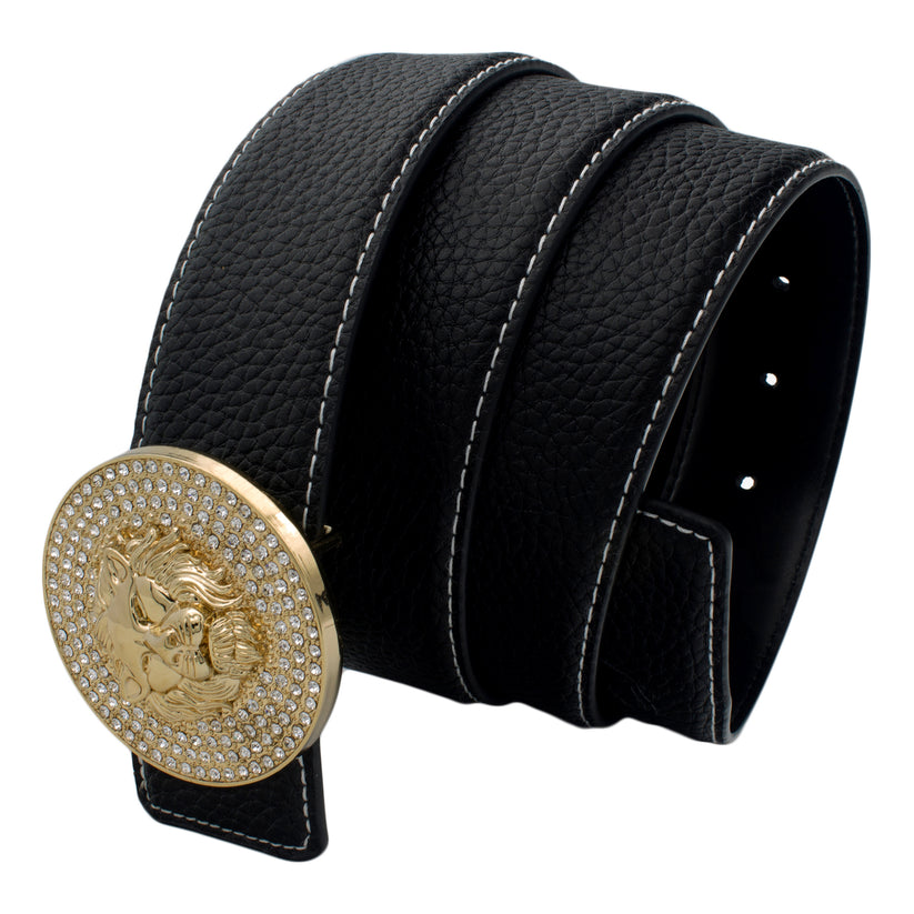 QHA Mens Leather Belt Lion Head Rhinestone Buckle Designer Black - QHA UK