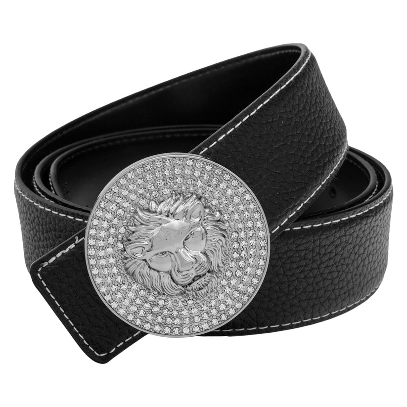 QHA Mens Leather Belt Lion Head Rhinestone Buckle Designer Black - QHA UK