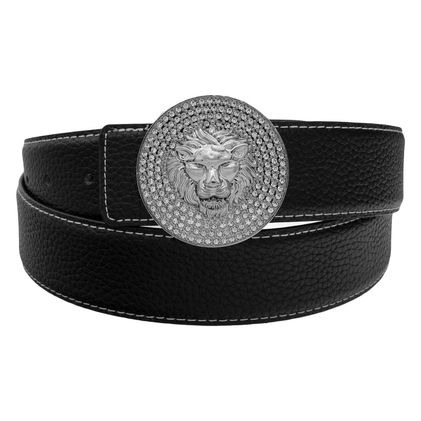 QHA Mens Leather Belt Lion Head Rhinestone Buckle Designer Black - QHA UK