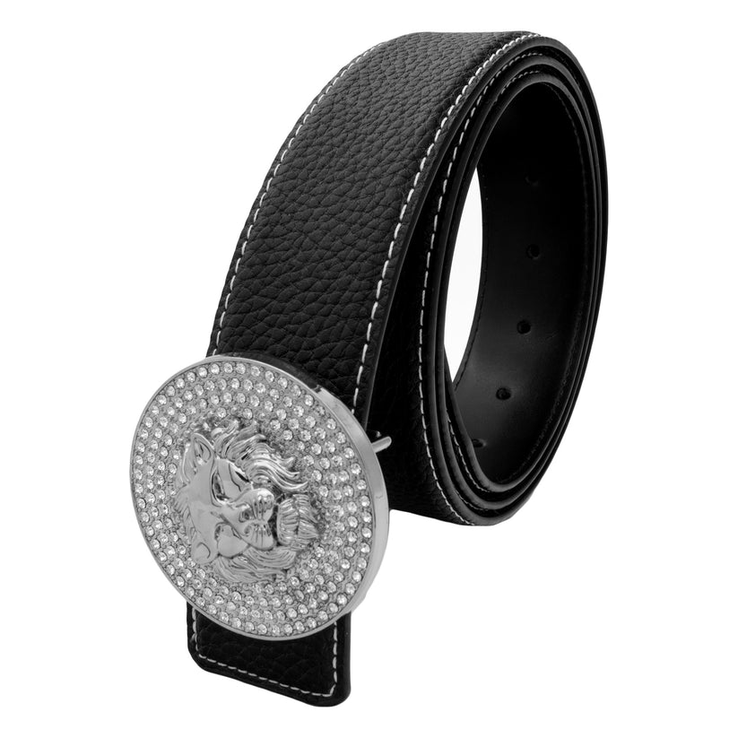 QHA Mens Leather Belt Lion Head Rhinestone Buckle Designer Black - QHA UK