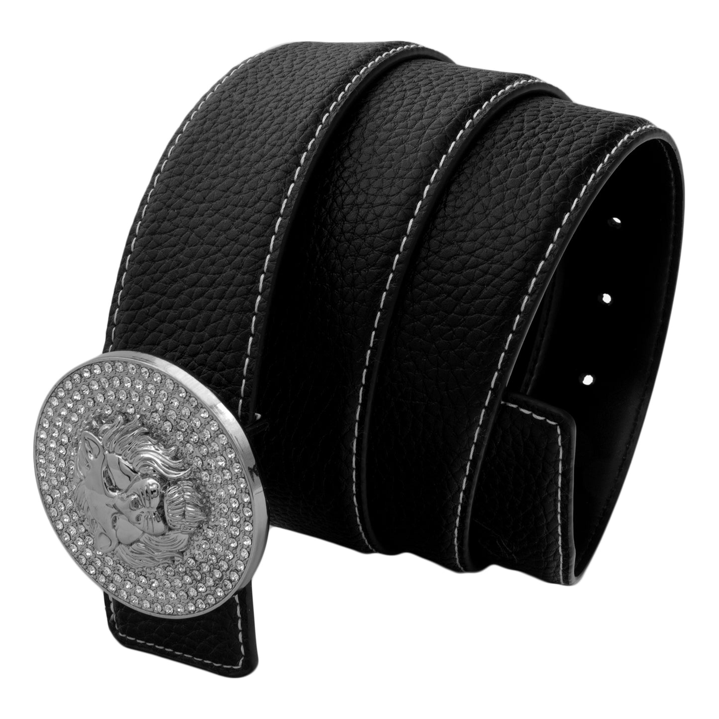 QHA Mens Leather Belt Lion Head Rhinestone Buckle Designer Black - QHA UK