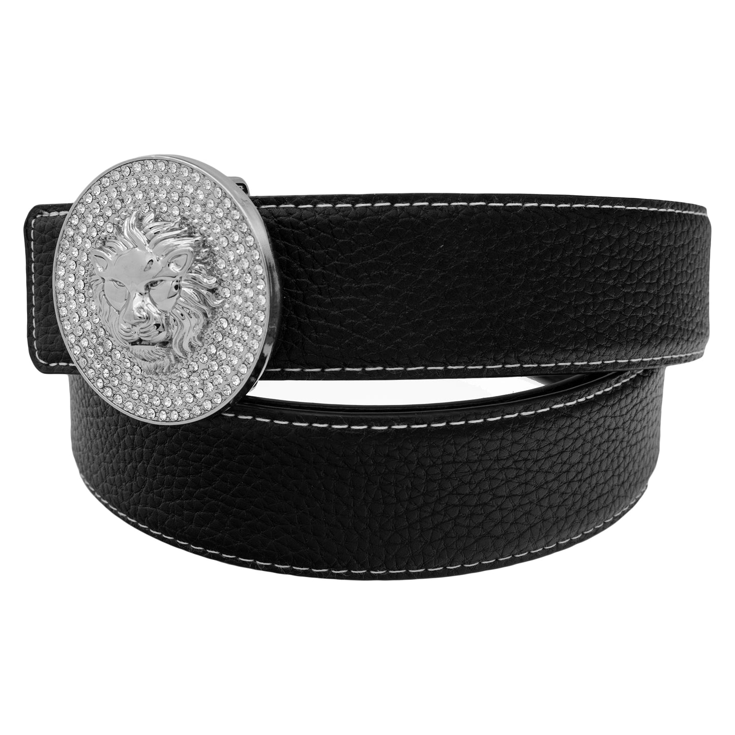 QHA Mens Leather Belt Lion Head Rhinestone Buckle Designer Black - QHA UK
