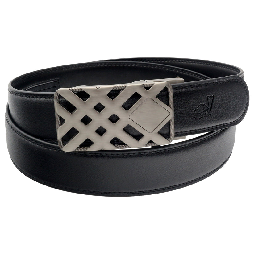 QHA Mens 35mm Ratchet Leather Belt, Weave Alloy Automatic Buckle - QHA UK