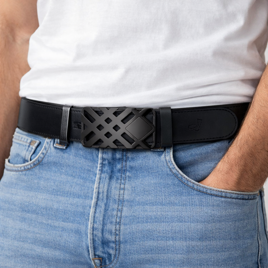 QHA Mens 35mm Ratchet Leather Belt, Weave Alloy Automatic Buckle - QHA UK