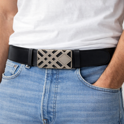 QHA Mens 35mm Ratchet Leather Belt, Weave Alloy Automatic Buckle - QHA UK