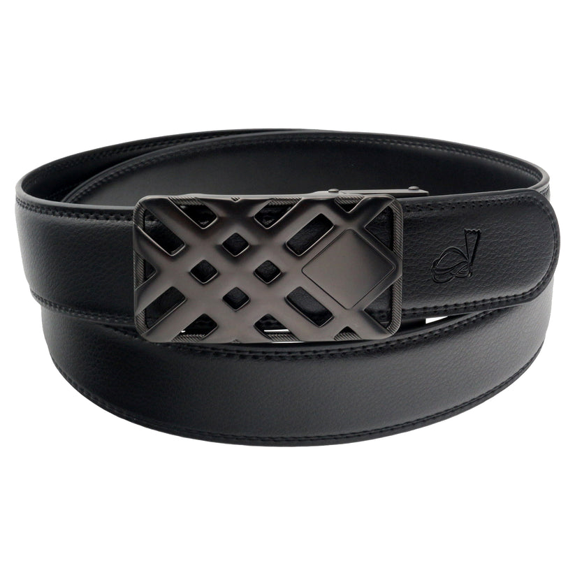 QHA Mens 35mm Ratchet Leather Belt, Weave Alloy Automatic Buckle - QHA UK