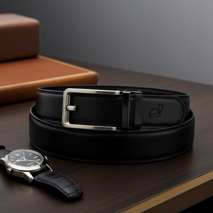 QHA Mens 35mm Ratchet Leather Belt, Silver, Gunmetal, Black - QHA UK