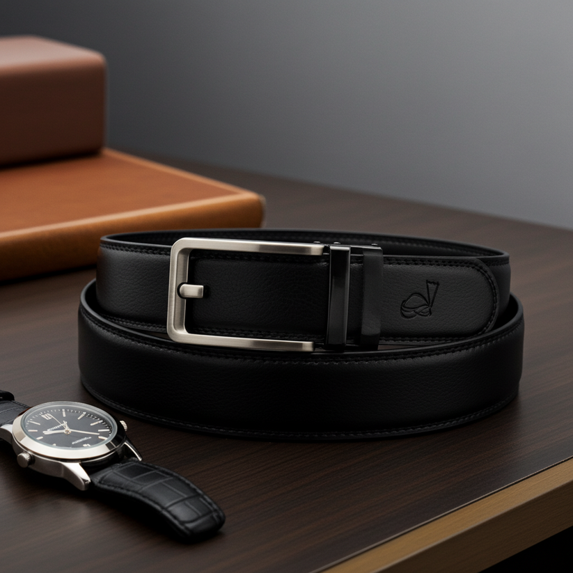 QHA Mens 35mm Ratchet Leather Belt, Silver, Gunmetal, Black - QHA UK