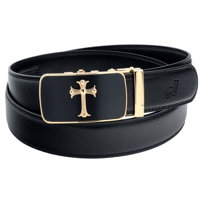 QHA Mens 35mm Ratchet Leather Belt, Jesus Cross Automatic Buckle - QHA UK