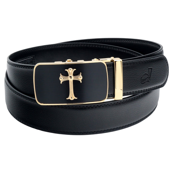 QHA Mens 35mm Ratchet Leather Belt, Jesus Cross Automatic Buckle - QHA UK