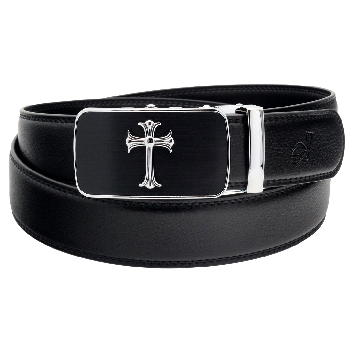 QHA Mens 35mm Ratchet Leather Belt, Jesus Cross Automatic Buckle - QHA UK
