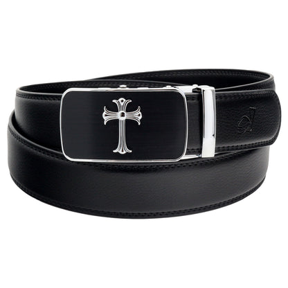 QHA Mens 35mm Ratchet Leather Belt, Jesus Cross Automatic Buckle - QHA UK