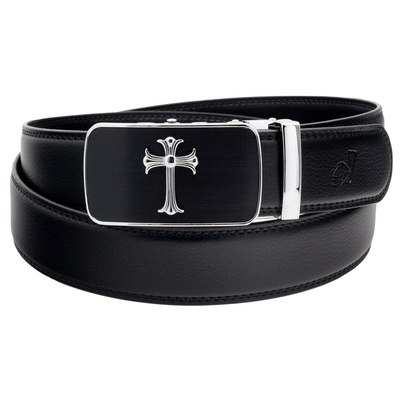 QHA Mens 35mm Ratchet Leather Belt, Jesus Cross Automatic Buckle - QHA UK