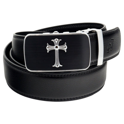 QHA Mens 35mm Ratchet Leather Belt, Jesus Cross Automatic Buckle - QHA UK