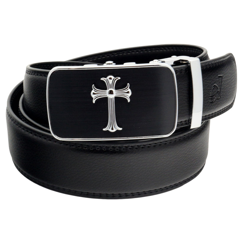 QHA Mens 35mm Ratchet Leather Belt, Jesus Cross Automatic Buckle - QHA UK