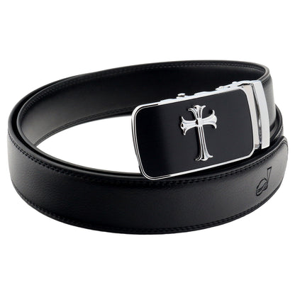 QHA Mens 35mm Ratchet Leather Belt, Jesus Cross Automatic Buckle - QHA UK