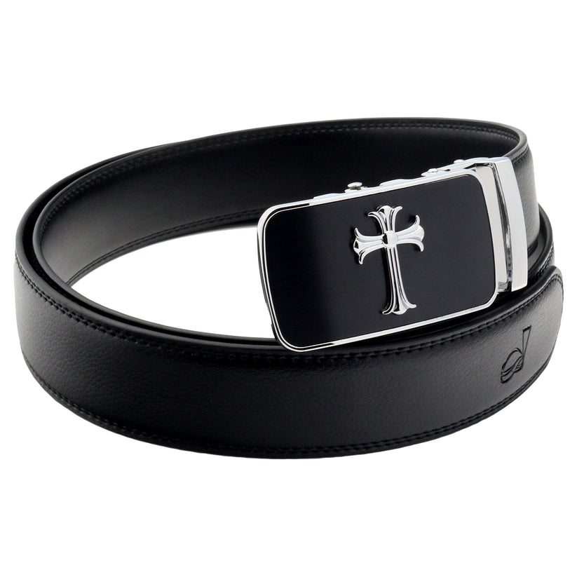 QHA Mens 35mm Ratchet Leather Belt, Jesus Cross Automatic Buckle - QHA UK