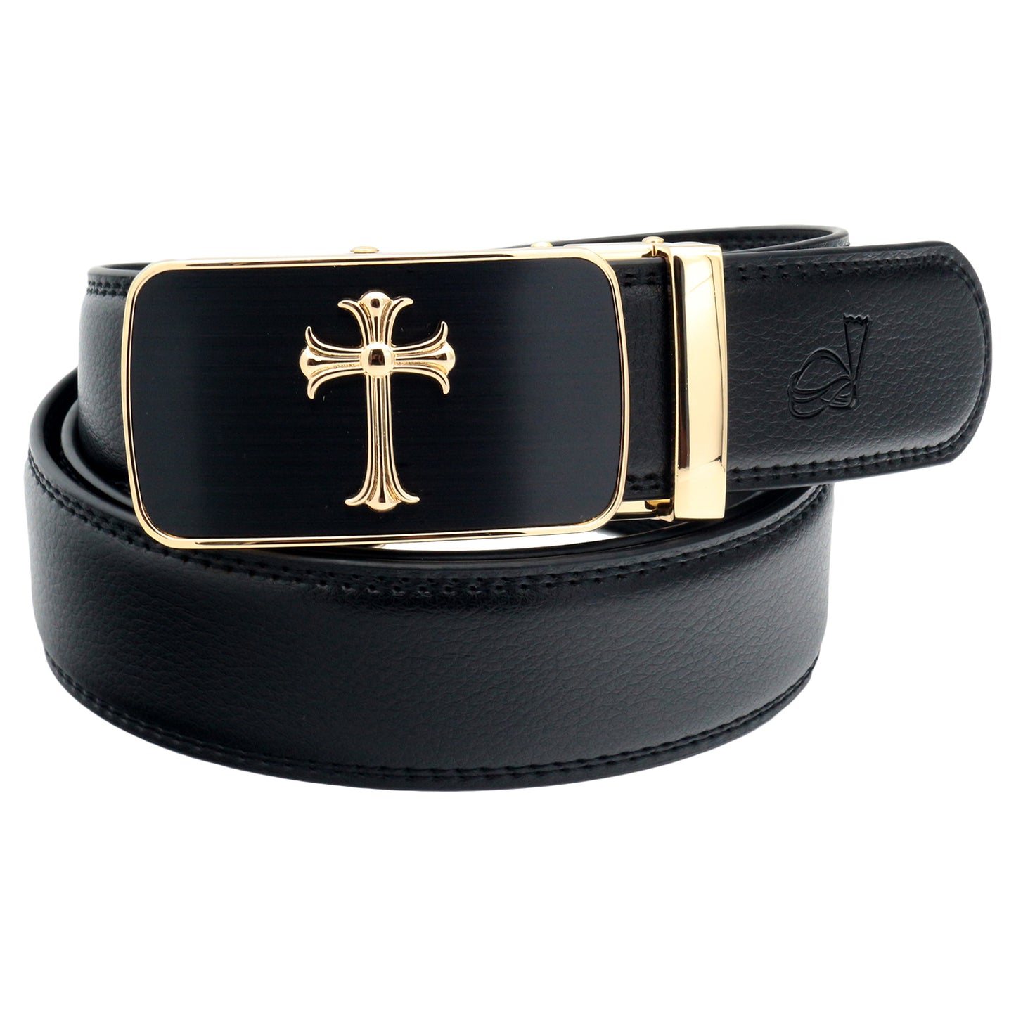 QHA Mens 35mm Ratchet Leather Belt, Jesus Cross Automatic Buckle - QHA UK