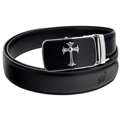 QHA Mens 35mm Ratchet Leather Belt, Jesus Cross Automatic Buckle - QHA UK