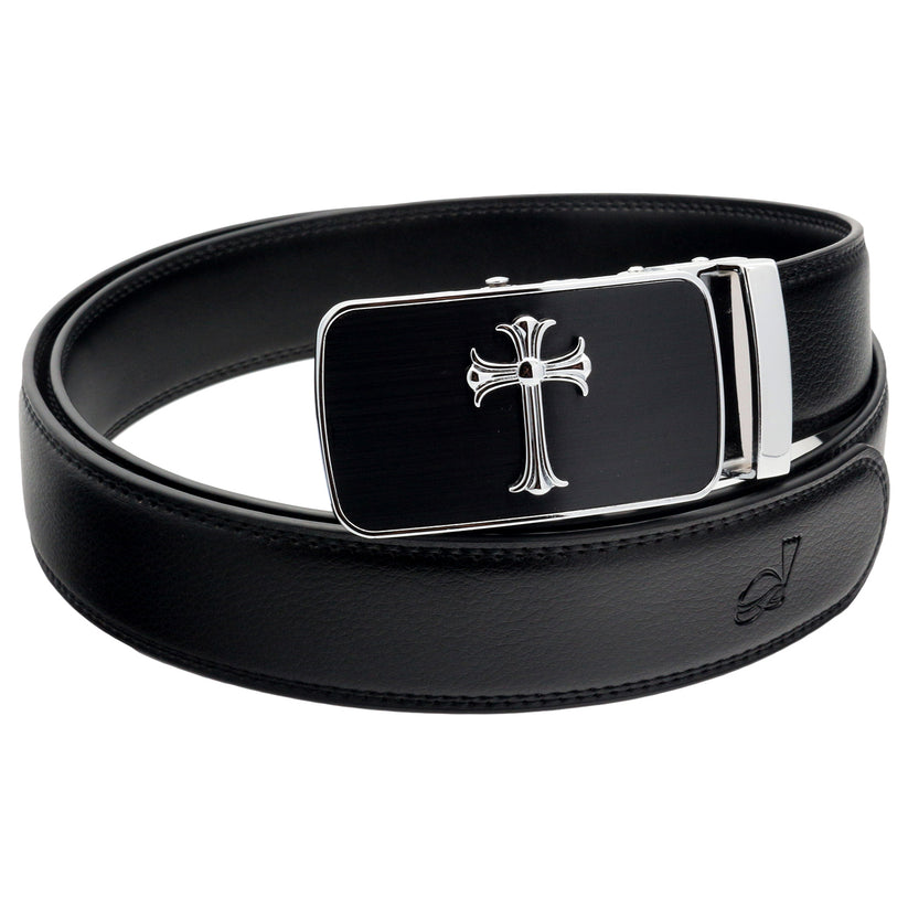 QHA Mens 35mm Ratchet Leather Belt, Jesus Cross Automatic Buckle - QHA UK