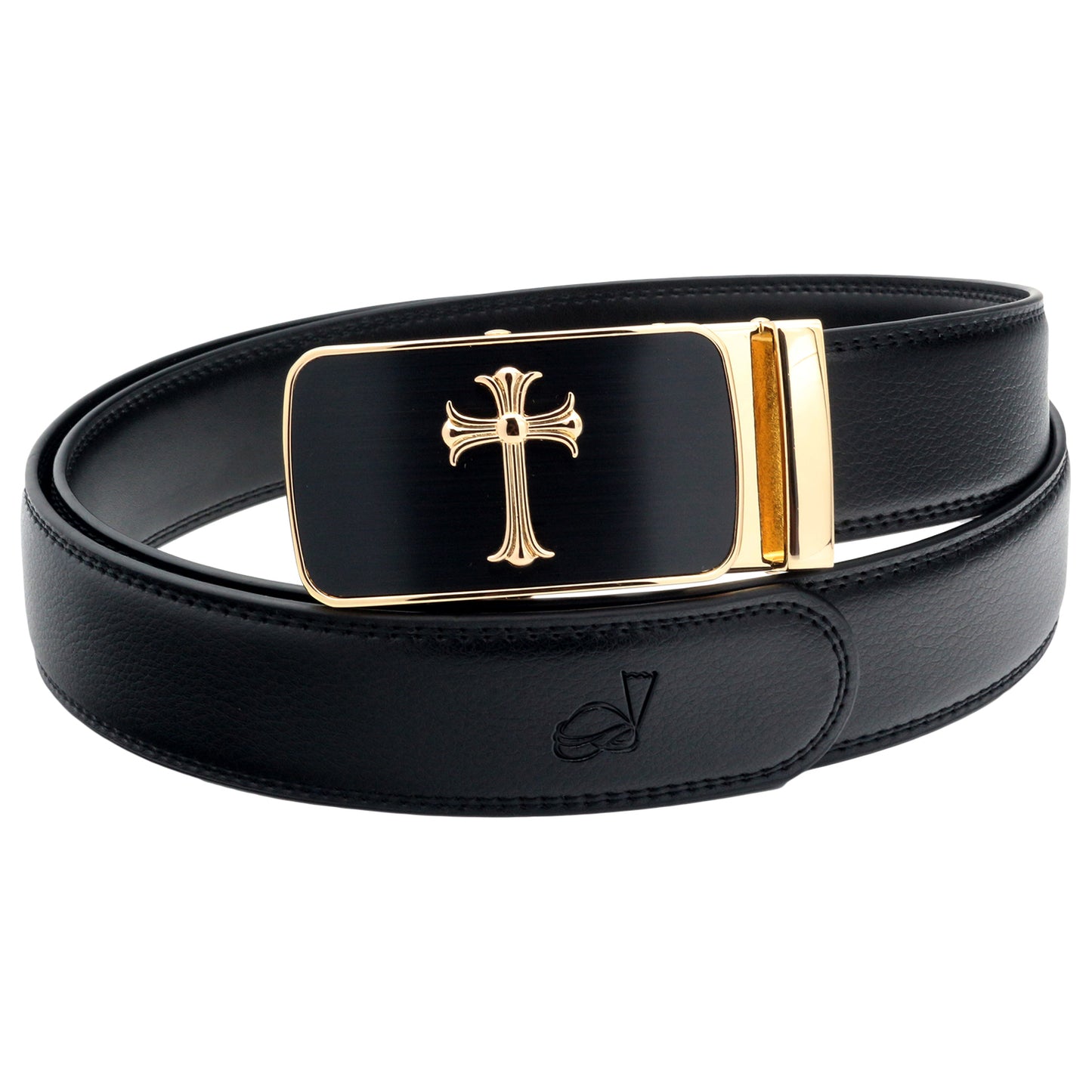 QHA Mens 35mm Ratchet Leather Belt, Jesus Cross Automatic Buckle - QHA UK