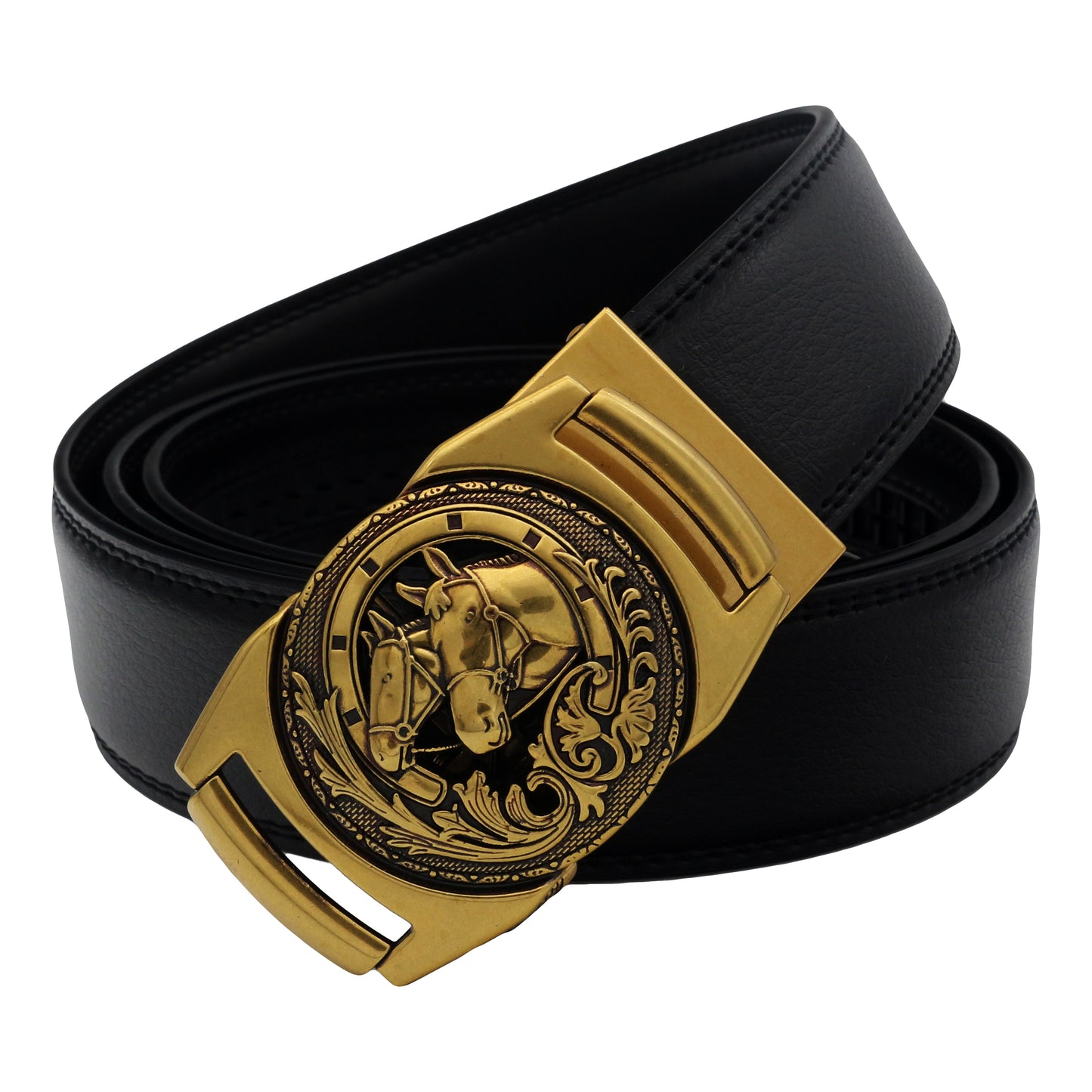 QHA Mens 35mm Ratchet Leather Belt, Sculpted Horse Head Buckle - QHA UK