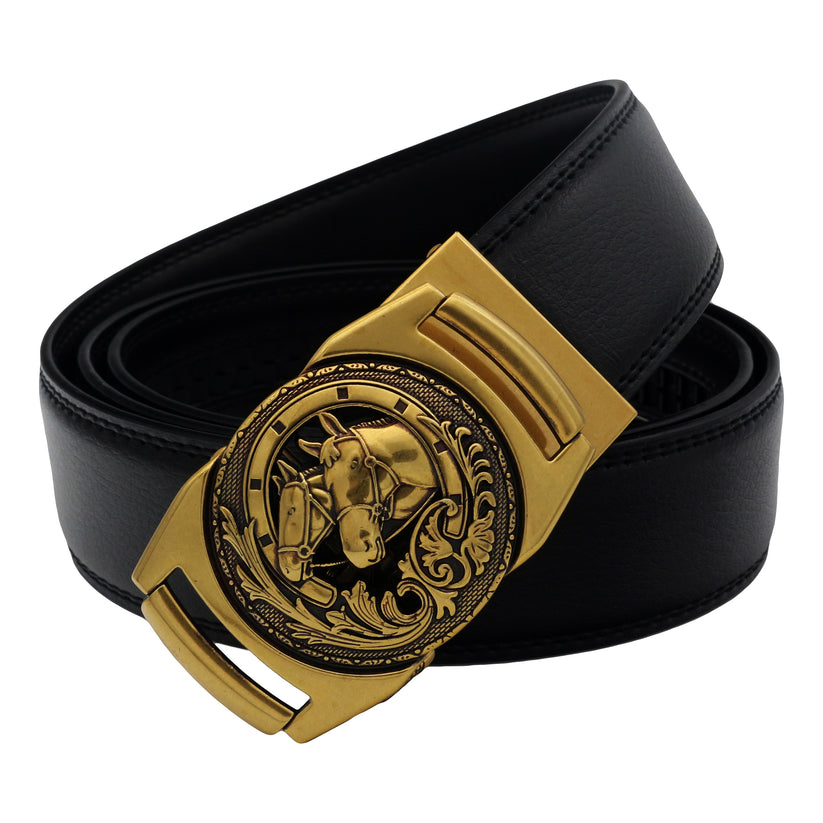 QHA Mens 35mm Ratchet Leather Belt, Sculpted Horse Head Buckle - QHA UK