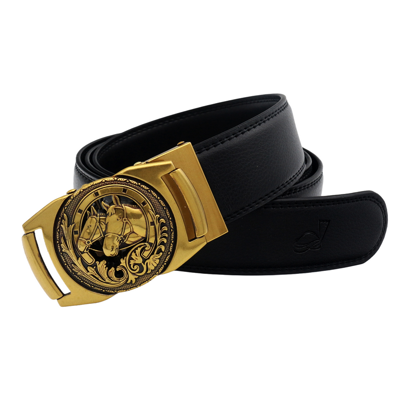 QHA Mens 35mm Ratchet Leather Belt, Sculpted Horse Head Buckle - QHA UK
