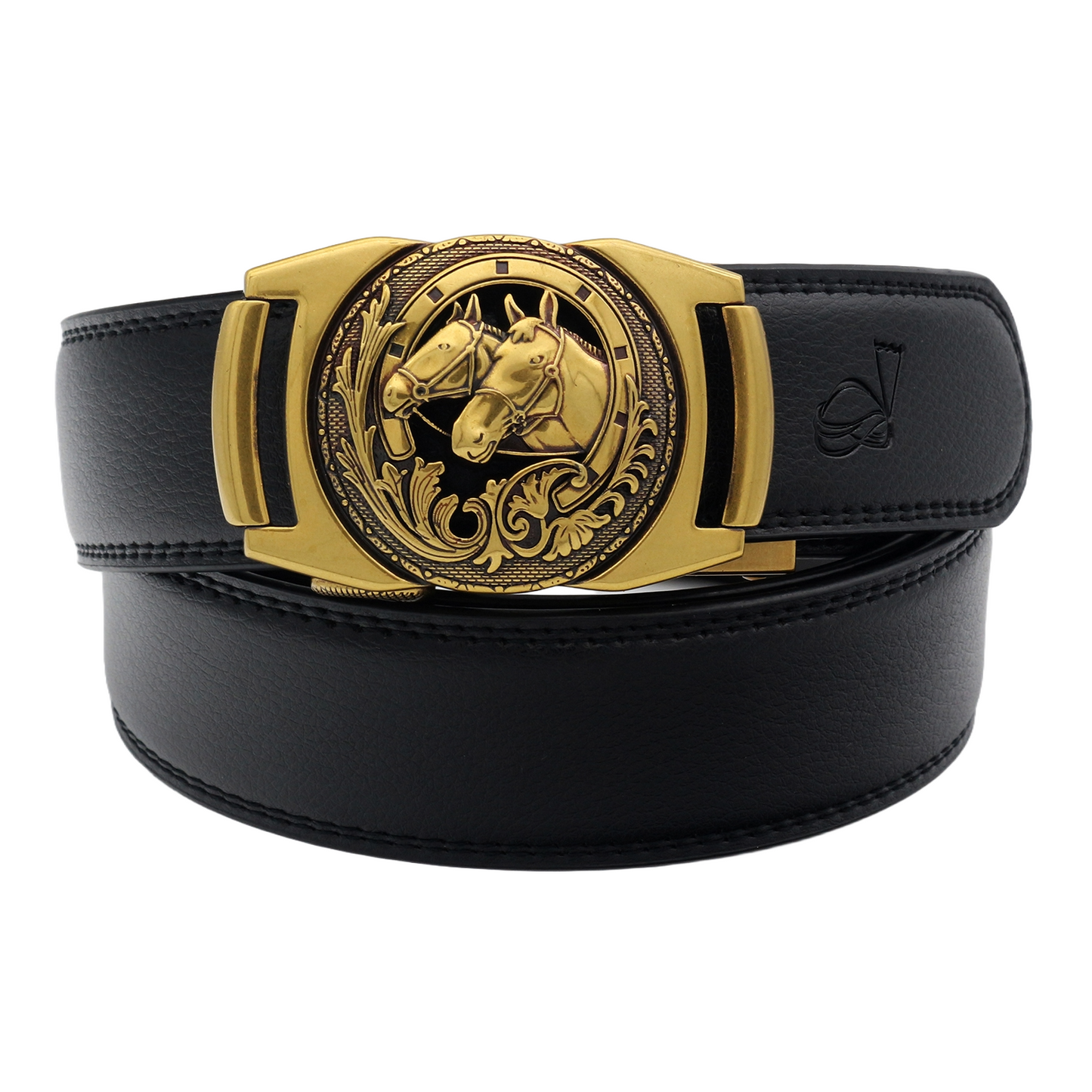 QHA Mens 35mm Ratchet Leather Belt, Sculpted Horse Head Buckle - QHA UK