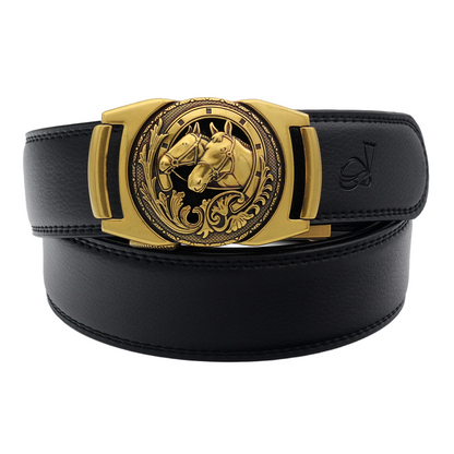 QHA Mens 35mm Ratchet Leather Belt, Sculpted Horse Head Buckle - QHA UK