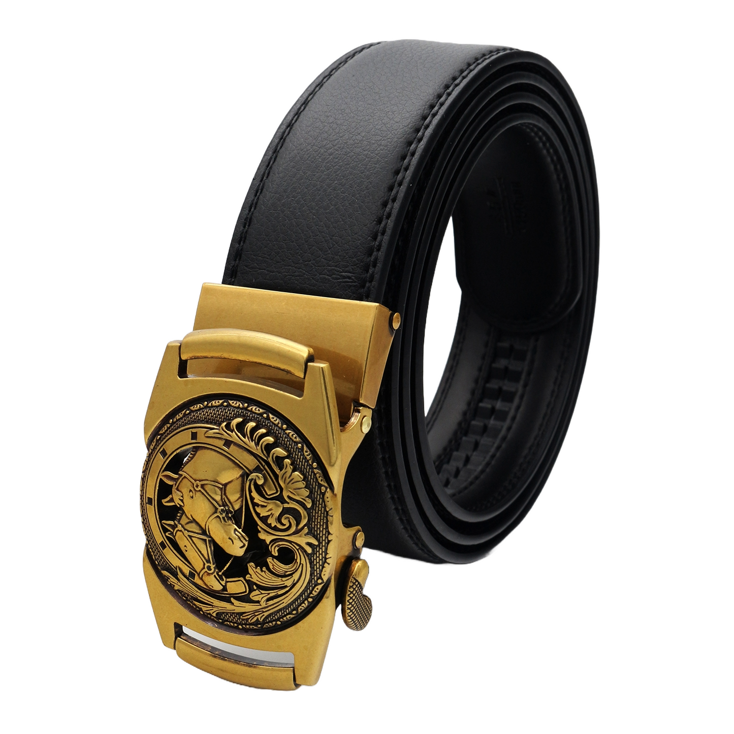 QHA Mens 35mm Ratchet Leather Belt, Sculpted Horse Head Buckle - QHA UK